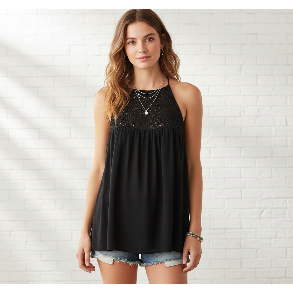 Xhilaration L Halter Tank Top Black Crochet Lace Flowy Boho Cottage Whimsigoth